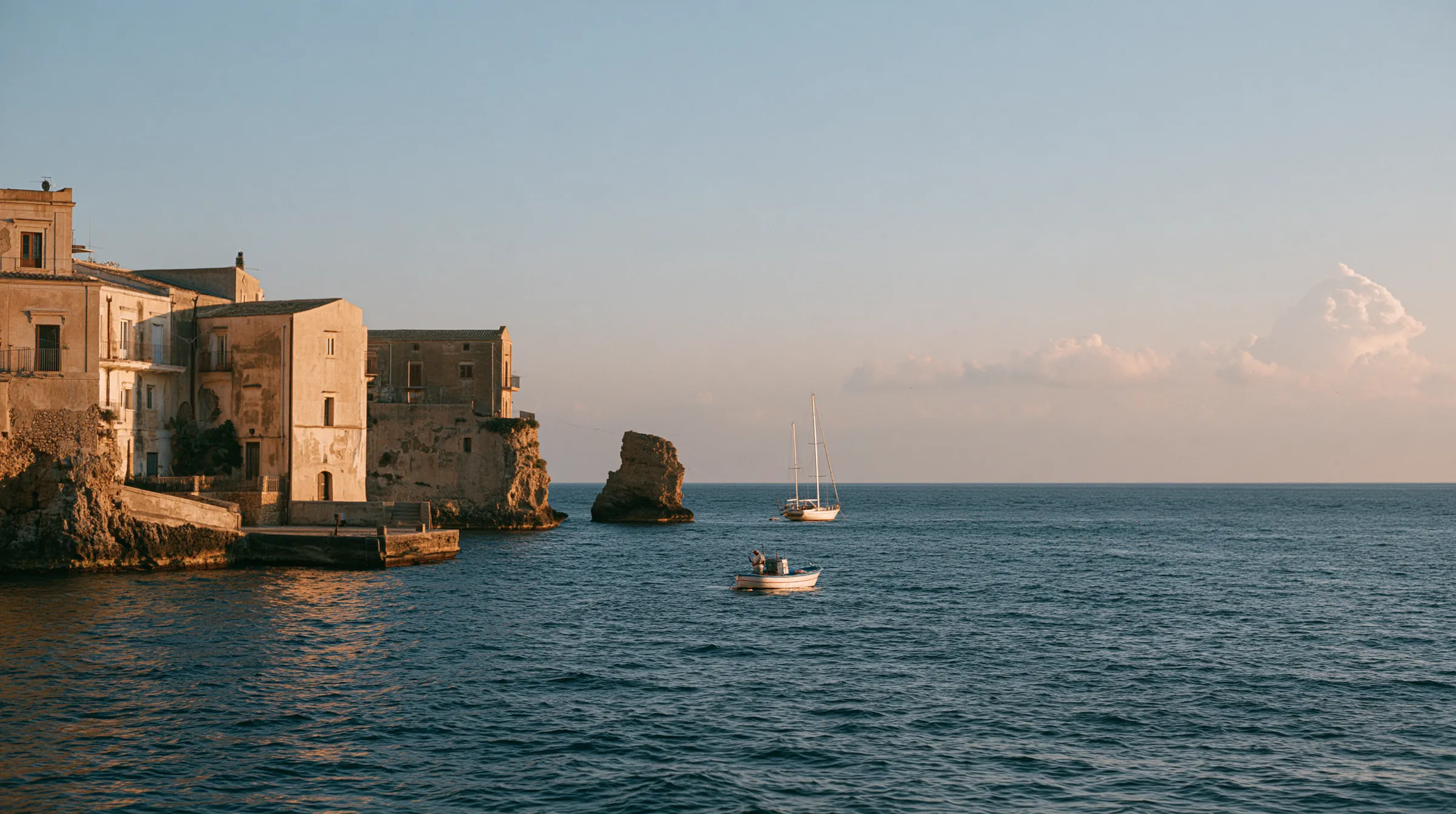 Mediterrane Küste im Abendlicht, Boote auf ruhigem Meer